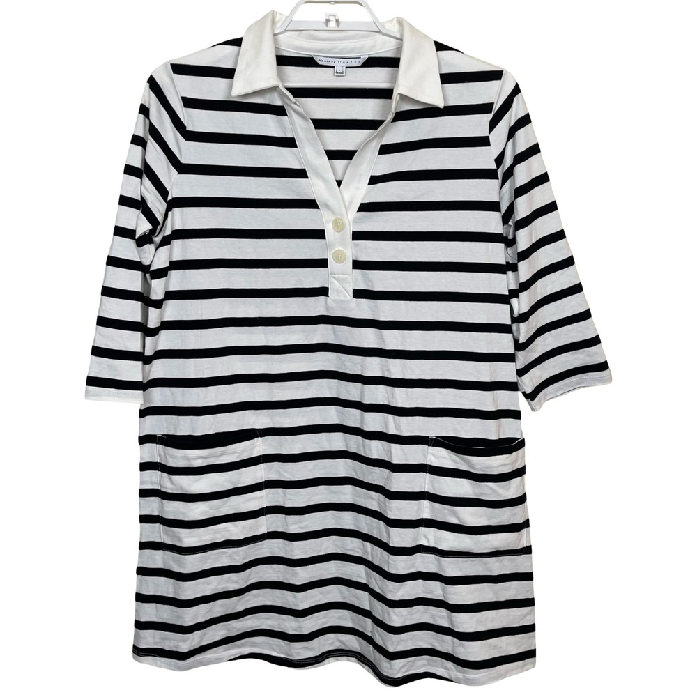 The Nines by Hatch Striped Polo Collar Shirt Dress L‎ 3/4 Sleeve Drop Pockets